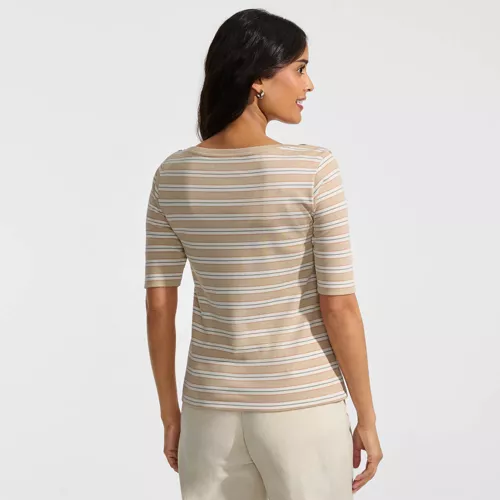 Women's Supima Cotton Elbow Sleeve Boatneck Button Shoulder Tee, Back