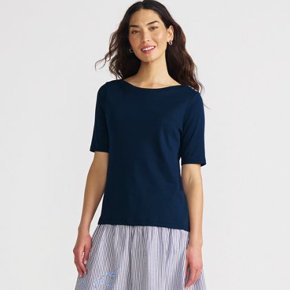 Women's Supima Cotton Elbow Sleeve Boatneck Button Shoulder Tee - image 2