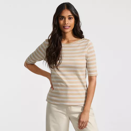 Women's Supima Cotton Elbow Sleeve Boatneck Button Shoulder Tee, Front