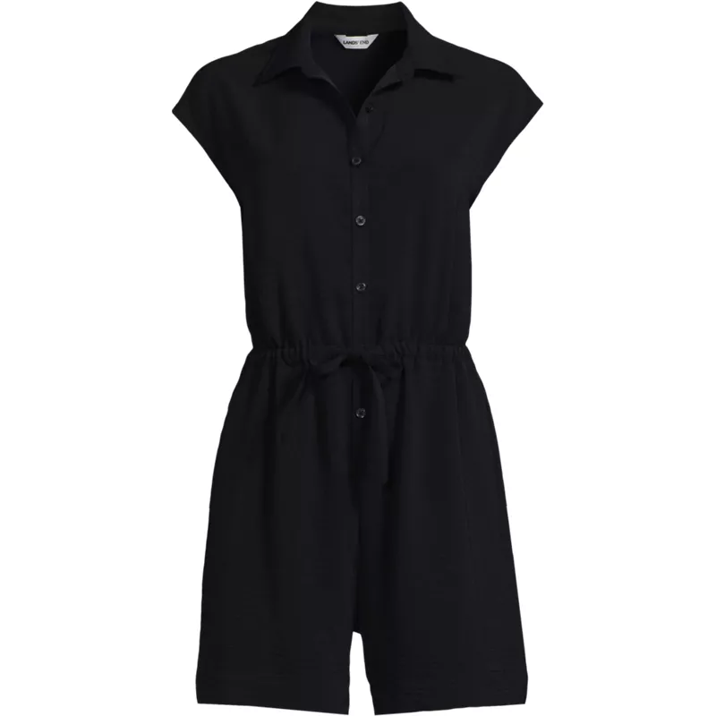 Women's Plus Size Cap Sleeve Creaseless Button-Down Romper, Front