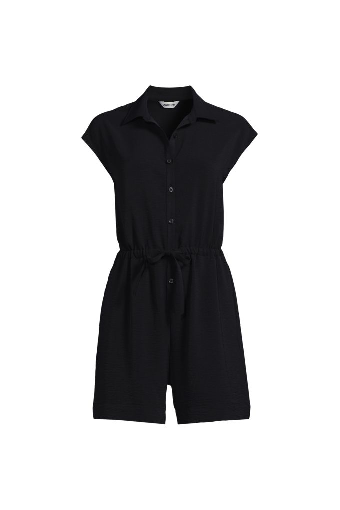 Women's Plus Size Cap Sleeve Creaseless Button-Down Romper - Lands' End - Black - 26W