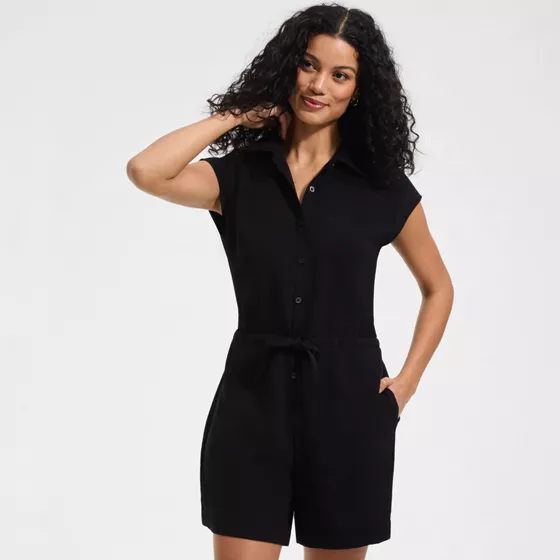 Women's Cap Sleeve Creaseless Button-Down Romper - primary