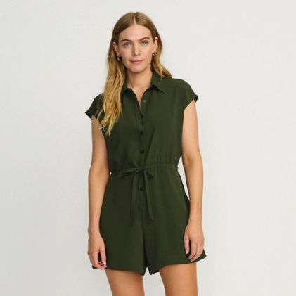 Women's Cap Sleeve Creaseless Button-Down Romper - image 2