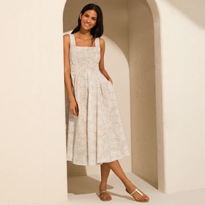 Women's Pleated Square Neck Cotton Poplin Midi Dress - primary
