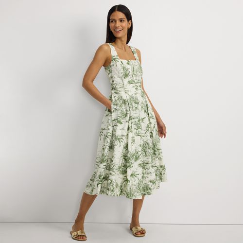 Women's Pleated Square Neck Cotton Poplin Midi Dress