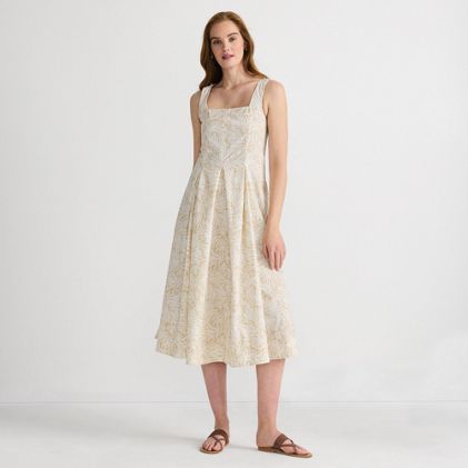 Women's Pleated Square Neck Cotton Poplin Midi Dress - image 2