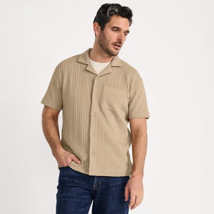 Men's Short Sleeve Textured Cable Camp Collar Button Through Shirt - primary