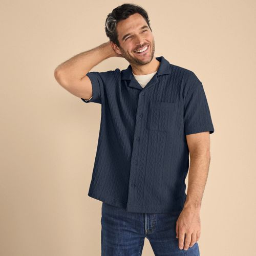 Textured Jersey Shirt, Men, size: M, regular, Blue, Spandex/Cotton-blend/Poly-blend, by Lands' End