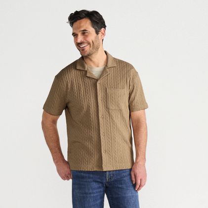 Men's Short Sleeve Textured Cable Camp Collar Button Through Shirt - image 2