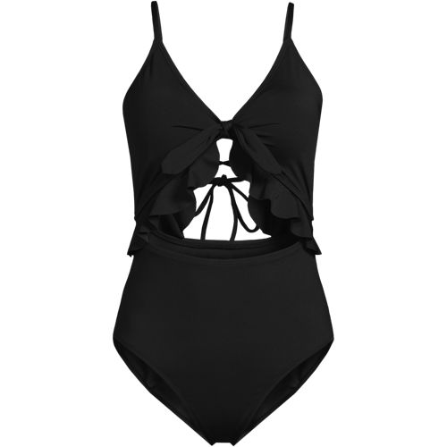 【I AM MARI】Checkless Ruffle Wrap Monokini Women's Tie Front Ruffle Monokini One Piece Swimsuit | Lands