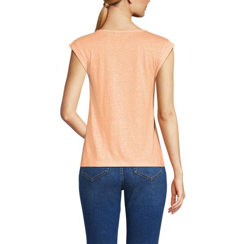 Women's Linen Blend Cap Sleeve Gathered Shoulder Tee, Back