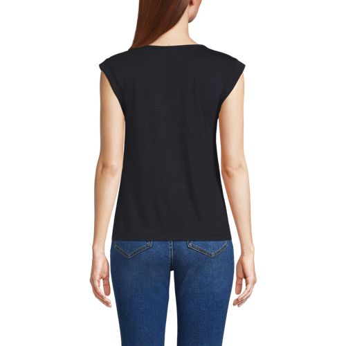 Women's Linen Blend Cap Sleeve Gathered Shoulder Tee - image 3