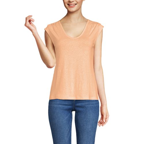 Women's Linen Blend Cap Sleeve Gathered Shoulder Tee, Front