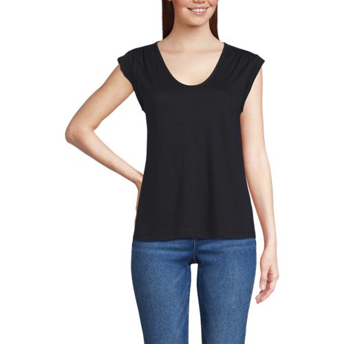 Women's Linen Blend Cap Sleeve Gathered Shoulder Tee - image 2