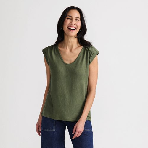 Women's Linen Blend Cap Sleeve Gathered Shoulder Tee, Front