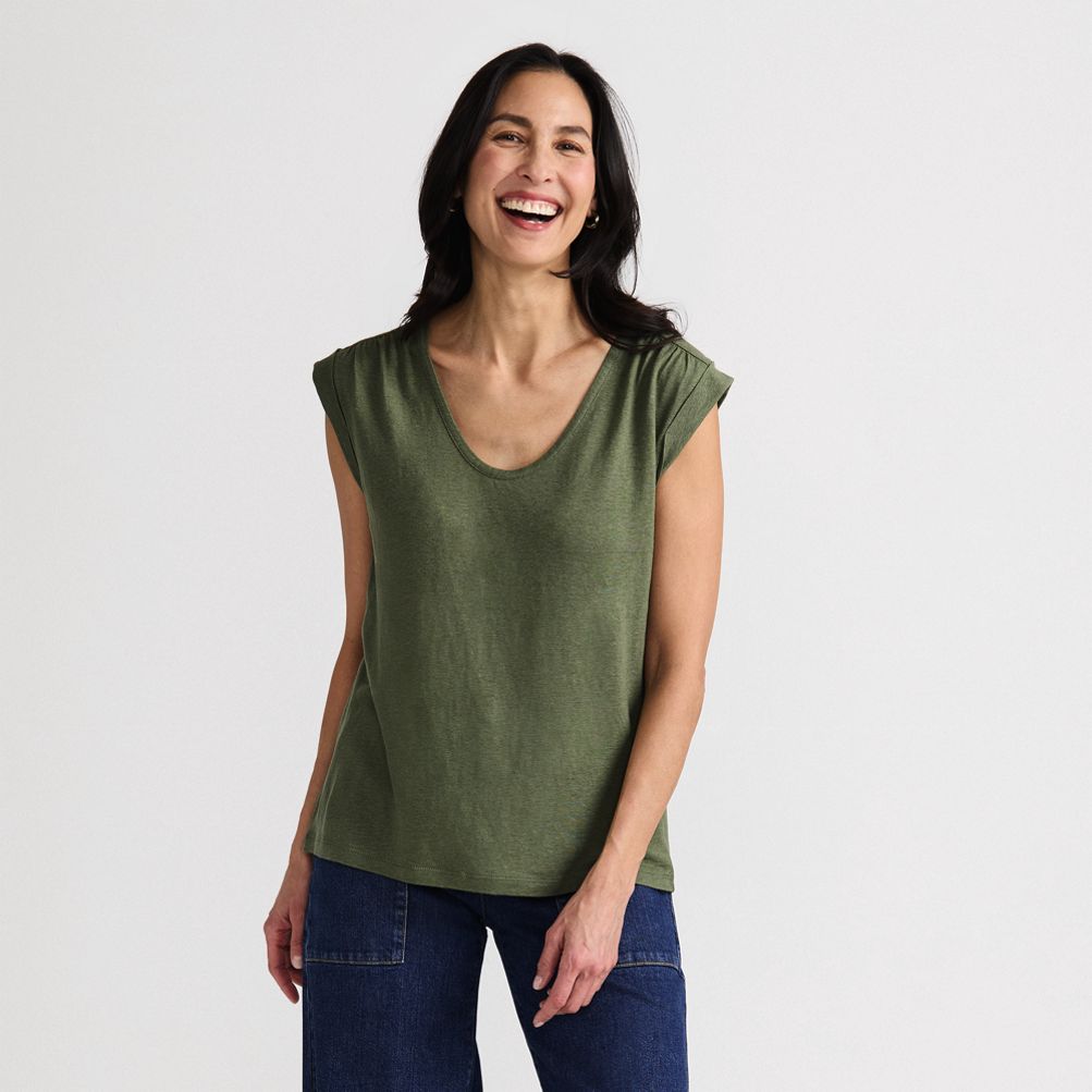 売れ筋商品|||ランズエンド カットソー トップス レディース Women's Linen Blend Cap Sleeve Gathered Shoulder Tee Black Lands' End Linen Blend Cap Sleeve Gathered Shoulder Tee