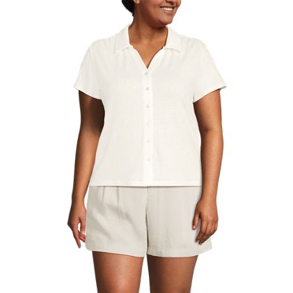 Women's Plus Size Linen Blend Short Sleeve Button Front Polo Top - image 1