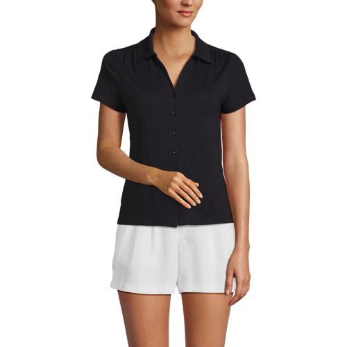 Women's Linen Blend Short Sleeve Button Front Polo Top, Front