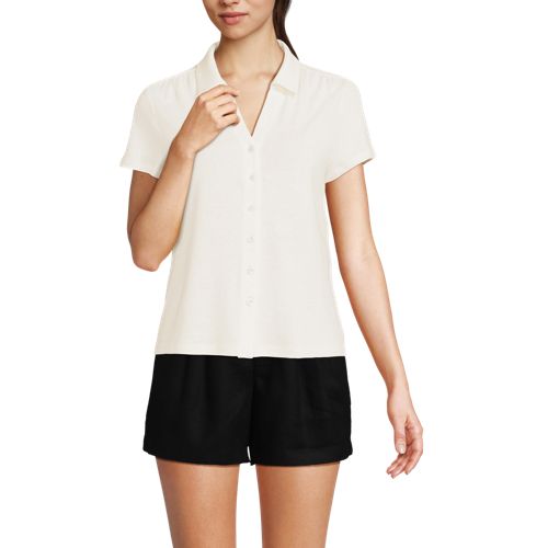 Women's Linen Blend Short Sleeve Button Front Polo Top - image 3