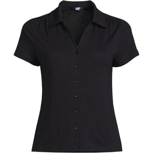 Women's Linen Blend Short Sleeve Button Front Polo Top, Front