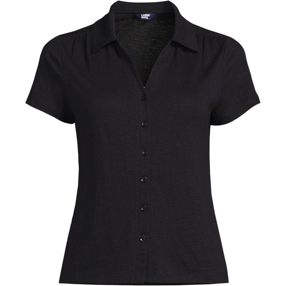 売れ筋商品|||ランズエンド カットソー トップス レディース Plus Size Linen Blend Short Sleeve Button Front Polo Top Black Women's Linen Blend Short Sleeve Button Front Polo Top
