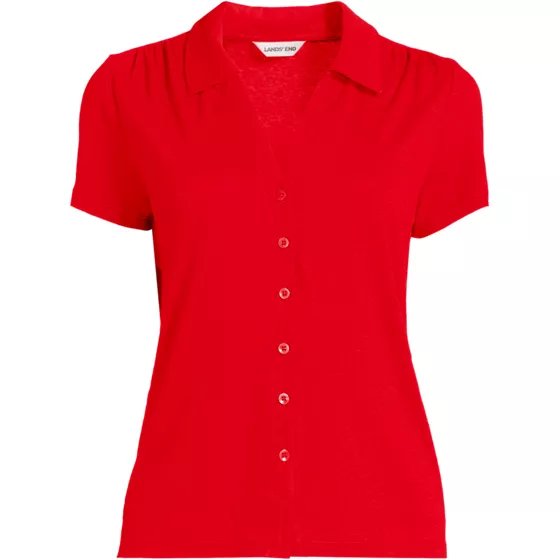 Women's Linen Blend Short Sleeve Button Front Polo Top - primary