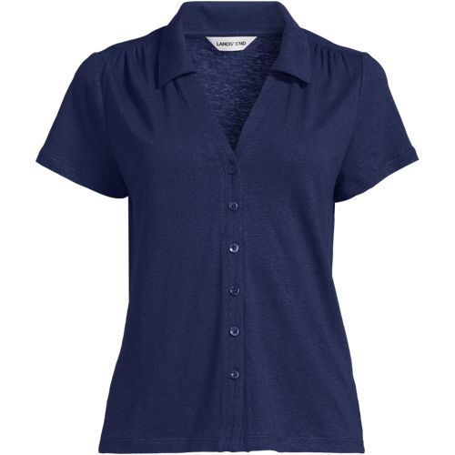 Soft Drape Linen Blend Button Front Polo, Women, size: XS, petite, Blue, Linen/Cotton Modal, by Lands' End