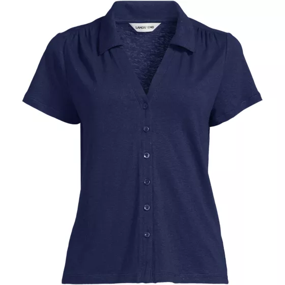 Women's Linen Blend Short Sleeve Button Front Polo Top - primary