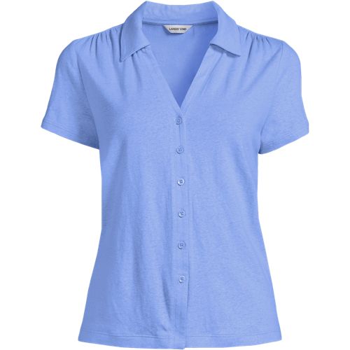 Soft Drape Linen Blend Button Front Polo, Women, size: S, petite, Blue, Linen/Cotton Modal, by Lands' End