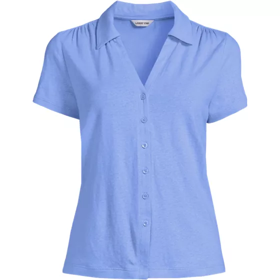 Women's Linen Blend Short Sleeve Button Front Polo Top - primary