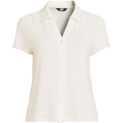 Women's Linen Blend Short Sleeve Button Front Polo Top - image 2