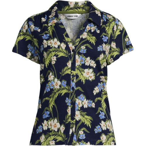 Soft Drape Linen Blend Button Front Polo, Women, size: XS, petite, Blue, Linen/Cotton Modal, by Lands' End