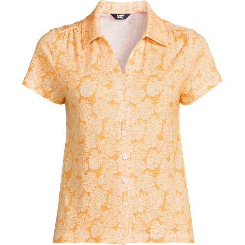 Women's Linen Blend Short Sleeve Button Front Polo Top, Front