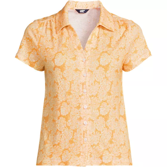 Women's Linen Blend Short Sleeve Button Front Polo Top - primary