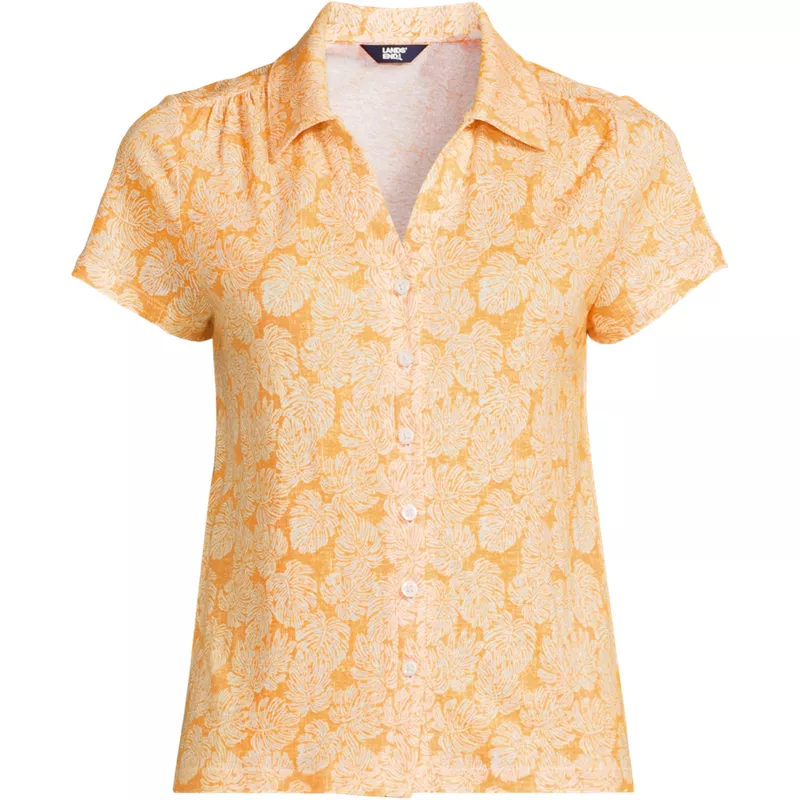 Women's Linen Blend Short Sleeve Button Front Polo Top, Front