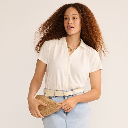 Women's Linen Blend Short Sleeve Button Front Polo Top - primary