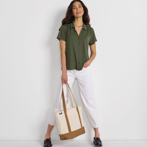 売れ筋商品|||ランズエンド カットソー トップス レディース Women's Plus Size Long Sleeve Wide Rib Button Front Polo Shirt Soft tan heather Lands' End Womens Long Sleeve Wide Rib Button Front Polo