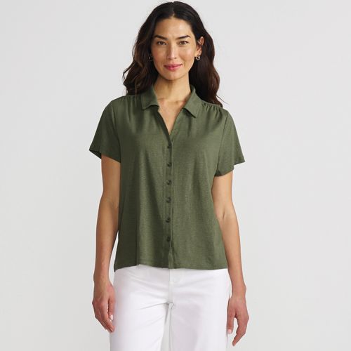 Women's Linen Blend Short Sleeve Button Front Polo Top, Front