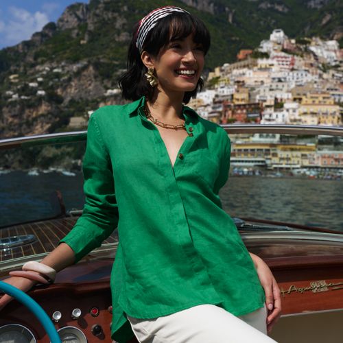 Premium Pure Linen Long Sleeve Shirt, Women, size: XL, regular, Green, Linen, by Lands' End