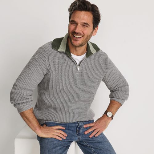 Tipped Collar Quarter Zip Drifter Jumper, Men, size: M, regular, Grey, Cotton, by Lands' End