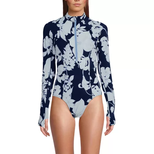 Women's Tugless Long Sleeve Rash Guard One Piece Swimsuit, Front