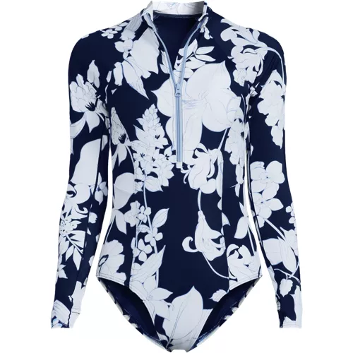 Women's Tugless Long Sleeve Rash Guard One Piece Swimsuit, Front
