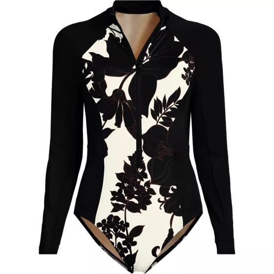 Women's Petite Tugless Long Sleeve Rash Guard One Piece Swimsuit - primary