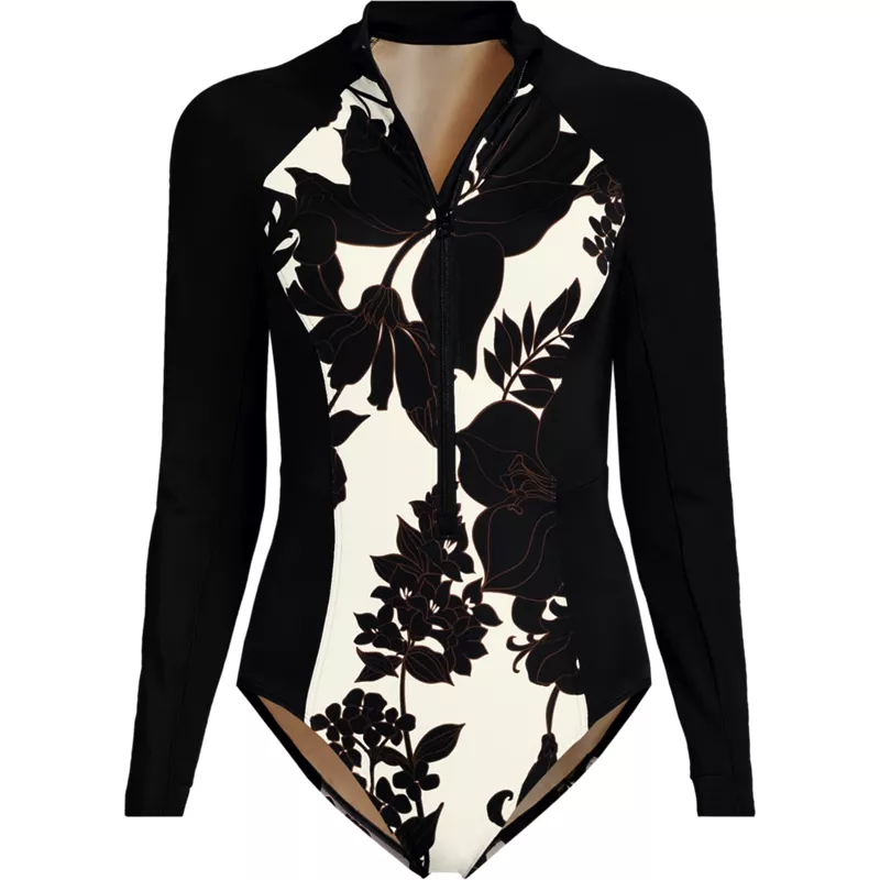 Women's Petite Tugless Long Sleeve Rash Guard One Piece Swimsuit, Front