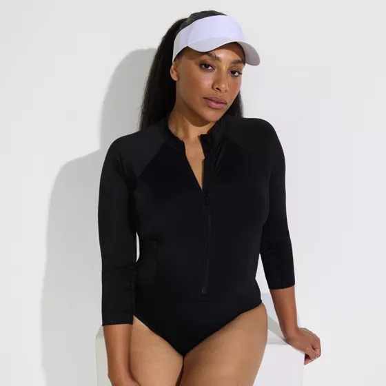 Women's Plus Size Tugless Long Sleeve Rash Guard One Piece Swimsuit - primary