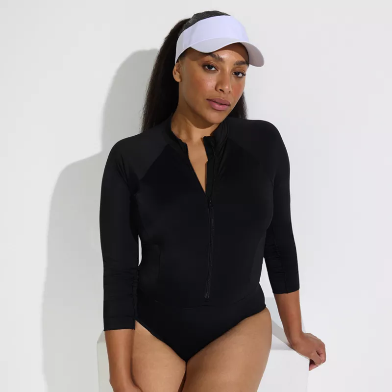 Women's Plus Size Tugless Long Sleeve Rash Guard One Piece Swimsuit, alternative image