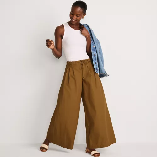 Women's Poplin Mid Rise Pleated Slouchy Pants, alternative image