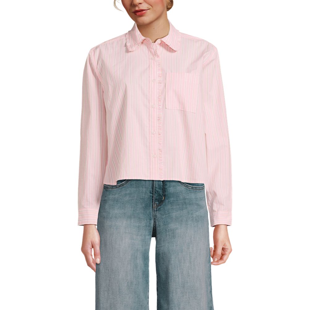 Women's Poplin Cropped Shirt with Ruffles | Lands' End