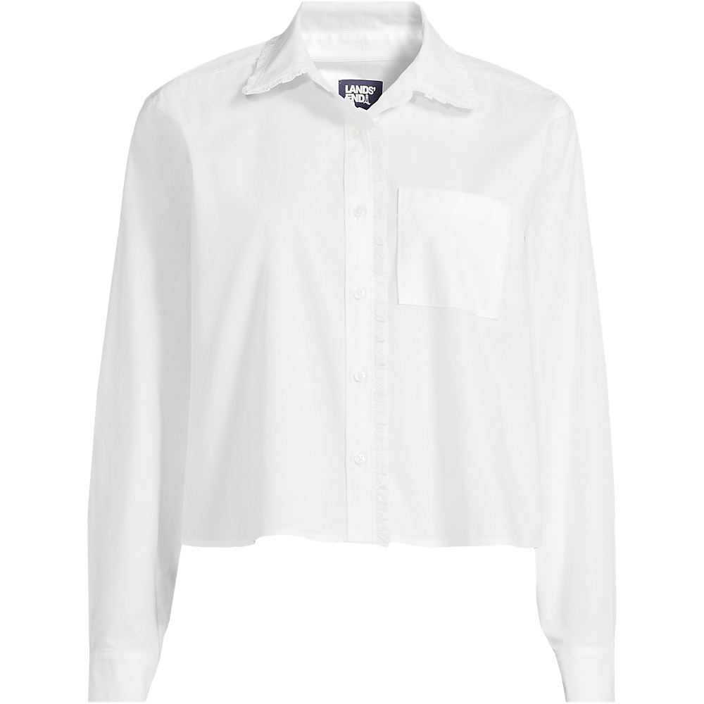 Cropped Ruffle Front Shirt, Women, size: 1XL, plus, White, Cotton, by Lands' End