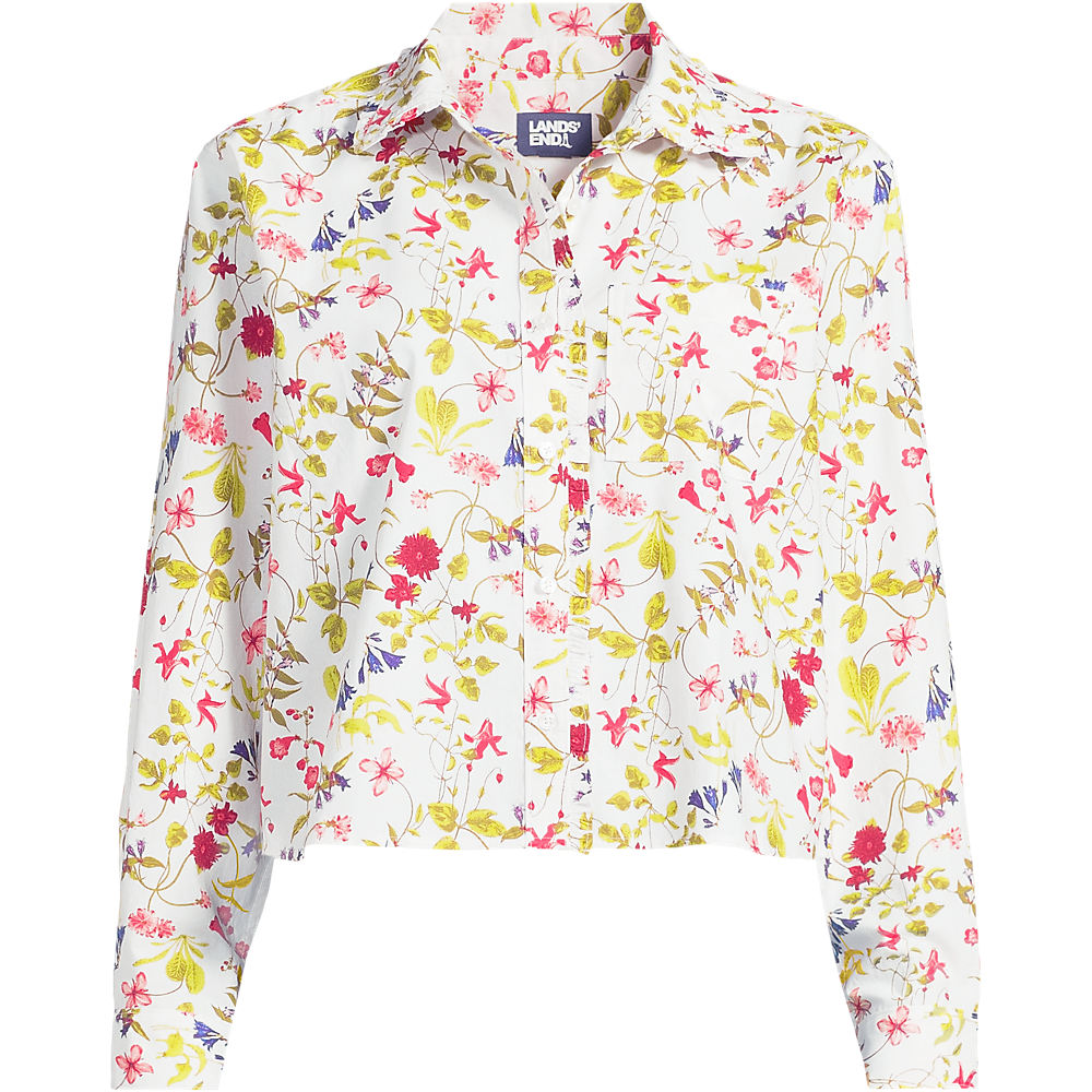 Cropped Ruffle Front Shirt, Women, size: 3XL, plus, White, Cotton, by Lands' End